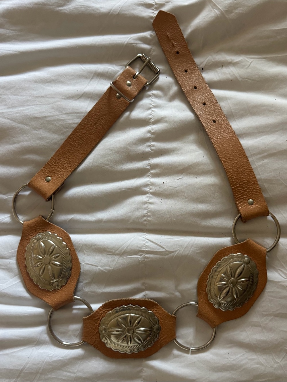 Vintage Leather Western-Style Tan and Silver Concho Belt